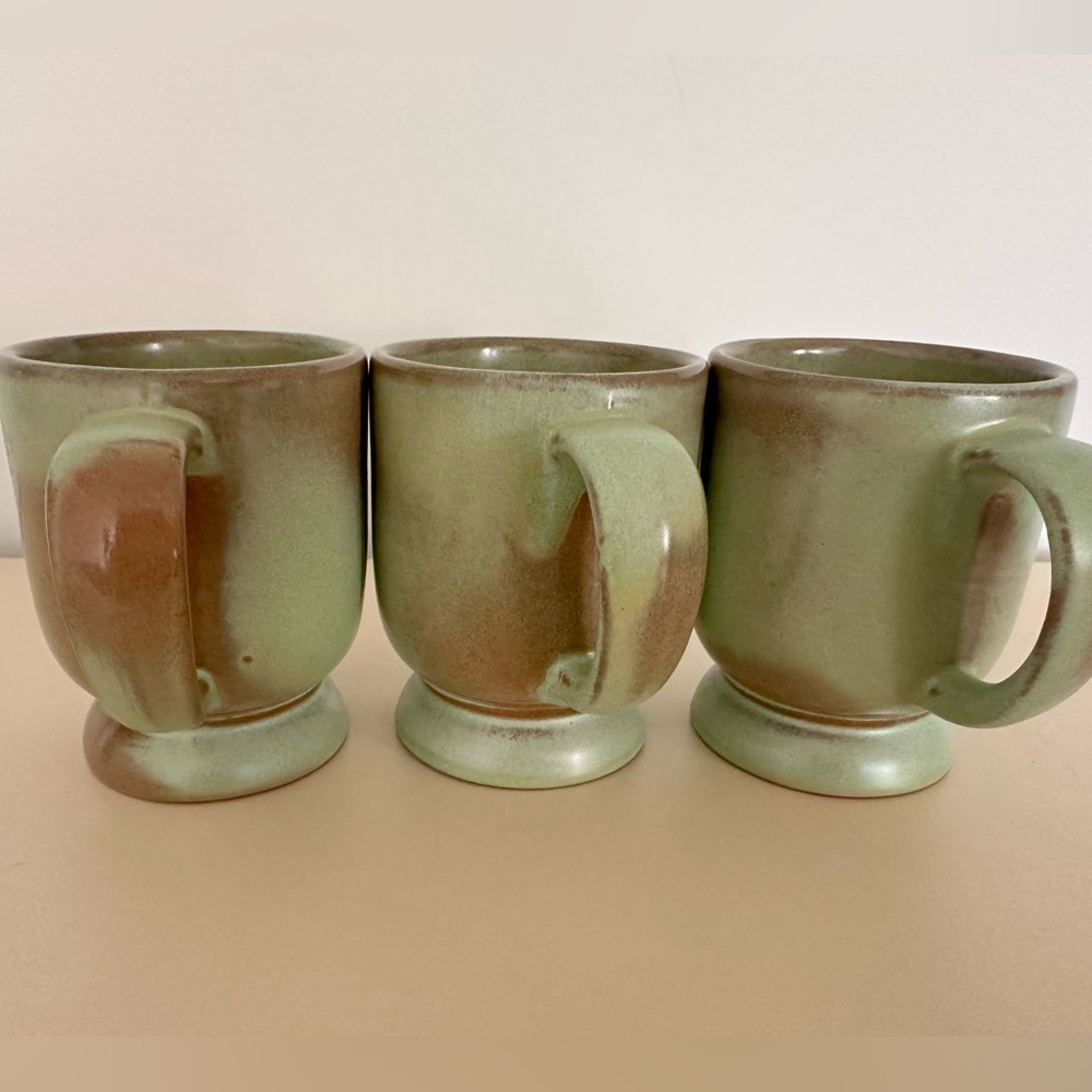 Vintage Frankoma Pottery C2 Footed Prairie Green Coffee Mugs Set of 3 USA Made